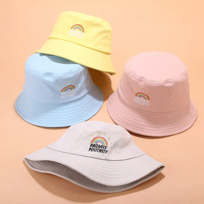 Women White Black Bucket Hat Men Panama Rainbow Embroidery Fishing Hat Summer Vintage Ladies Street Hip Hop Bucket Cap Unisex