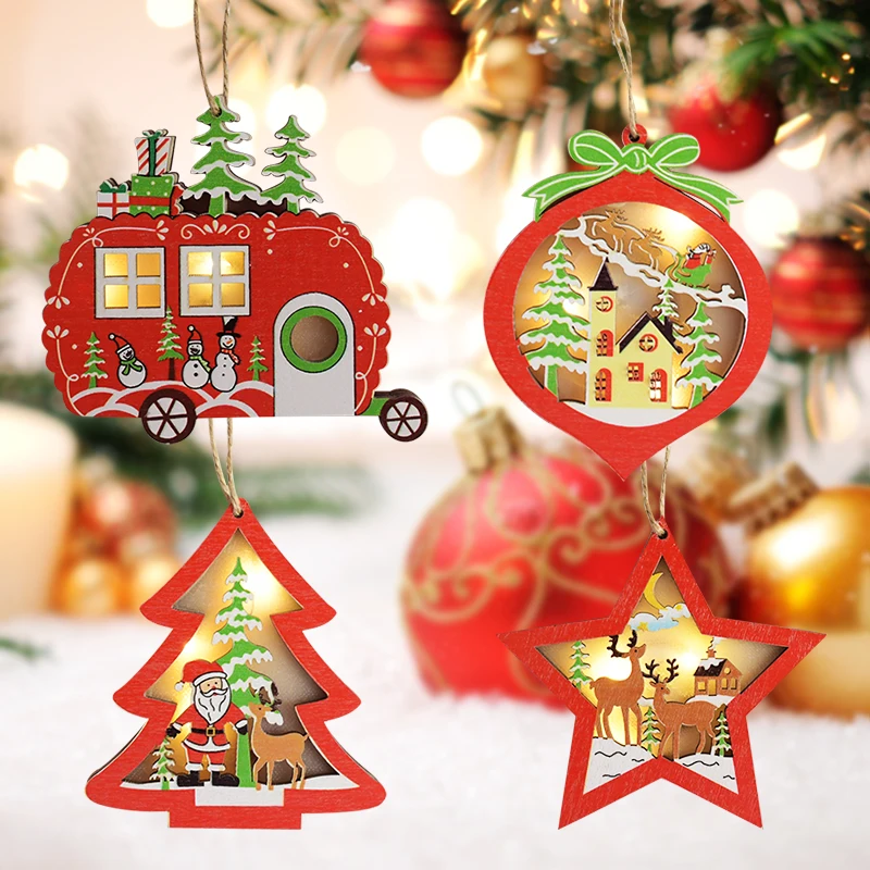 

1Pcs Led Lights Wooden Car Christmas Tree Star Wooden Glowing Pendant Chritmas Tree Hanging Ornament Home Party Christmas Decor