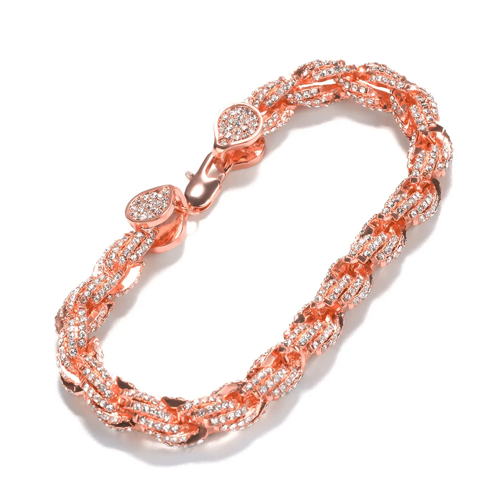 

Hip Hop Full Crystal 9mm Gold Color Rope Chain Twist Bracelets Bangles Silver Rose Color Men Charm Bracelet Jewelry Gifts