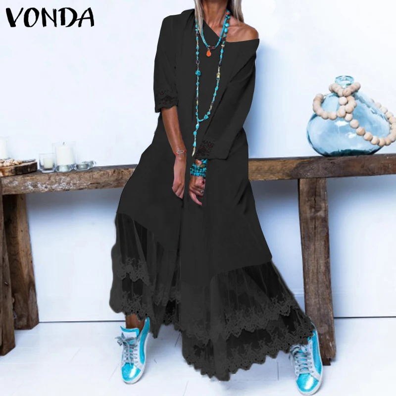 

VONDA Women Bohemian Dress Sexy Lace Patchwork Party Maxi Long Dress 2019 Spring Summer Sundress Casual Loose Vestidos Plus Size