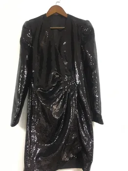 

Women Dress V-neck Pleated Waist Padded Shoulder Sequin Dress