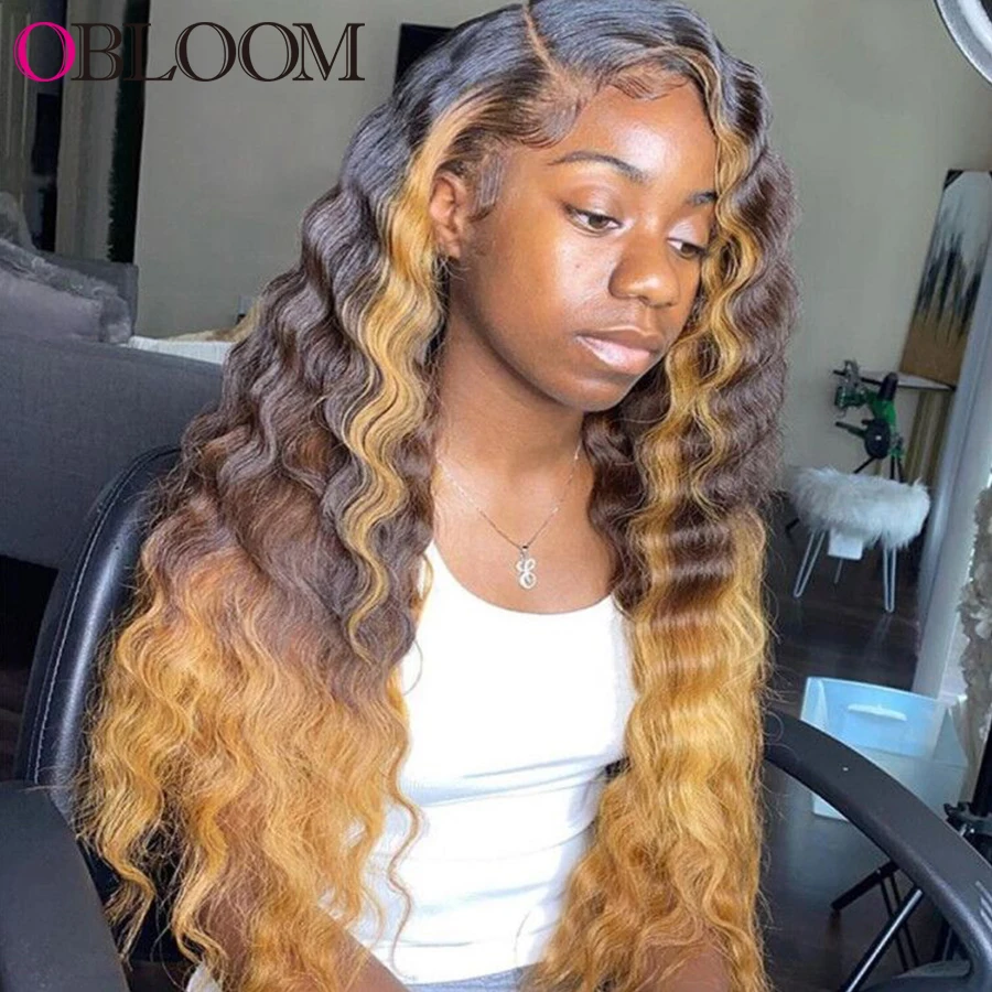 28 in Highlight Ombre Deep Wave Lace Frontal Wig Water Wave Human Hair Wigs Preplucked Brazilian Hair Wigs For Women Baby Hair