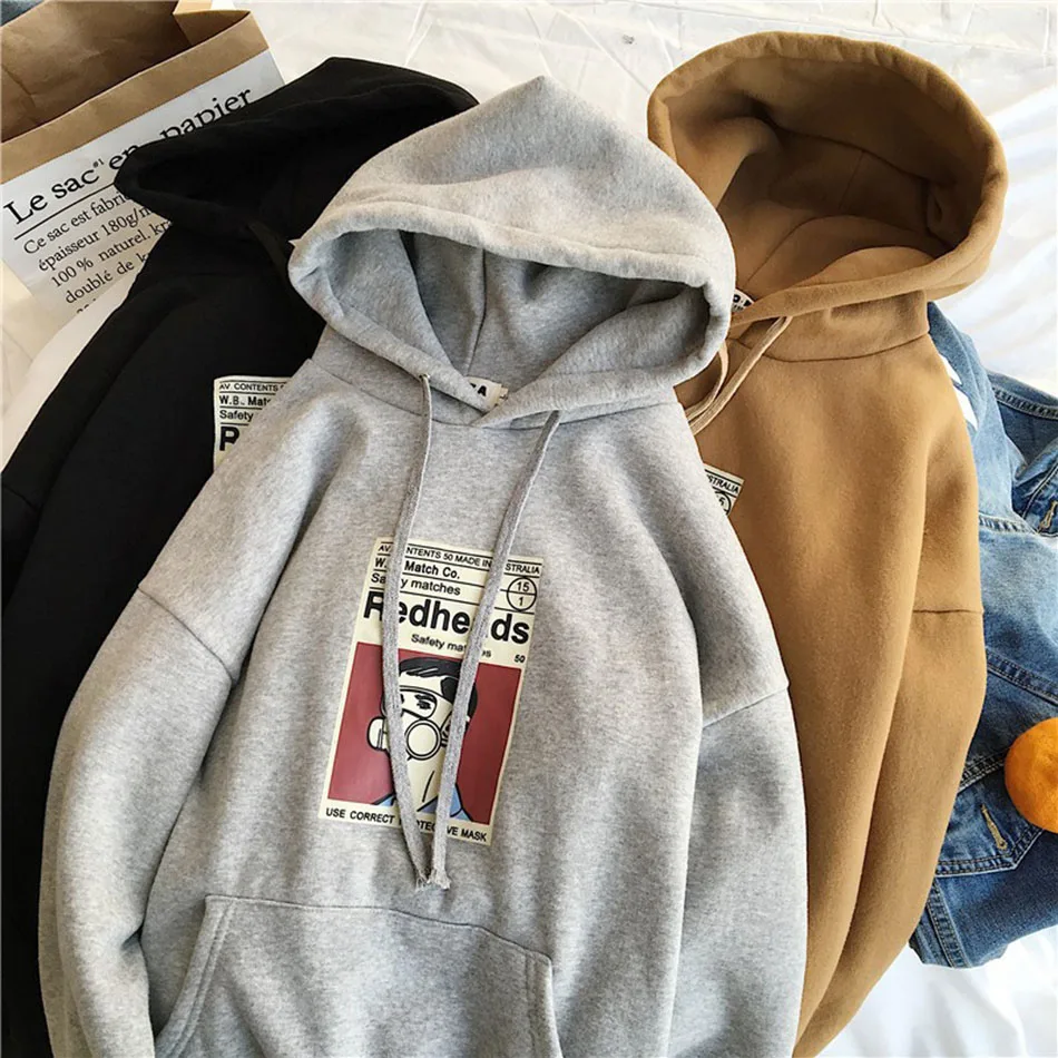 Женский осенне-зимний Hoddie свободная с печатью Hoddies Фиолетовый Тонкий пуловер Толстовка для девочек черный серый капюшон