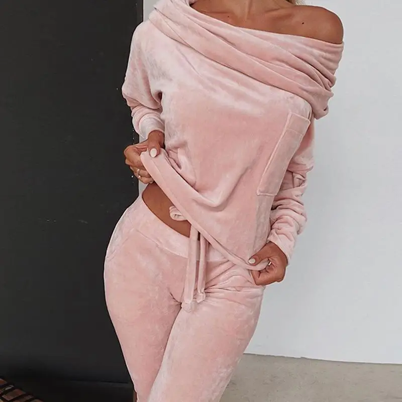 

Off shoulder velvet two piece set women long sleeve tops and pants set Autumn 2019 casual tracksuit solid color ruched design