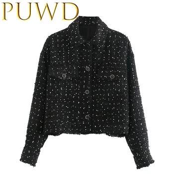 

PUWD 2022 Spring new women's single breasted twill short coat stand collar long sleeve button coat