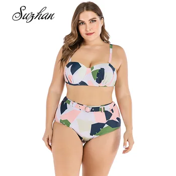 

Suzhan High Waist Plus Size Bikini Set Women Push Up Bra Strap Swimsuit Retro Printing Belt Swimwear Beachwear