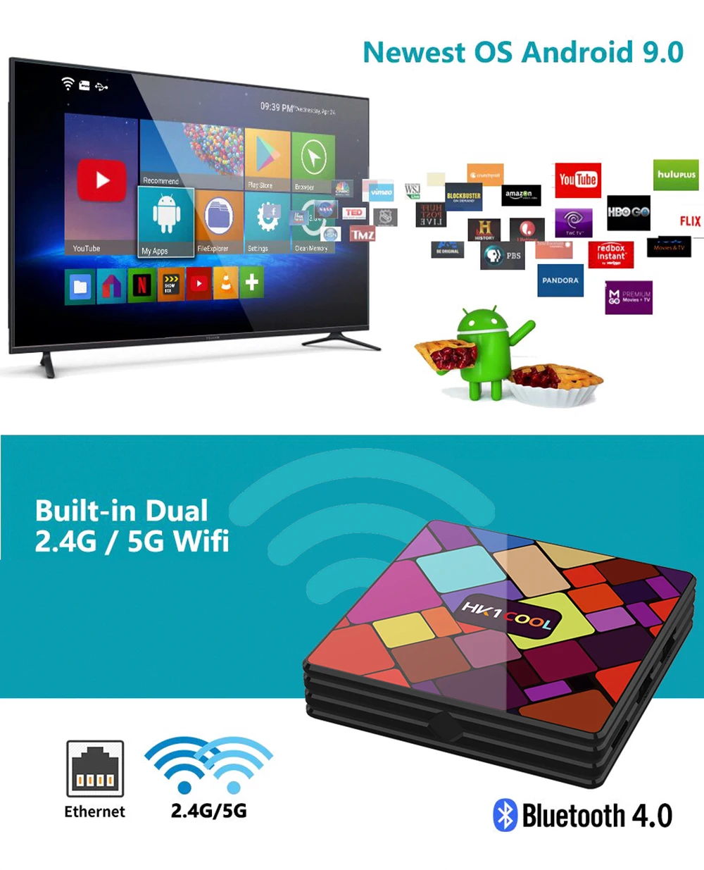 HK1 COOL Smart TV BOX Android 9.0 RK3318 Quad-Core WIFI 2.4G /5G 4K 3D Google Netflix Media Lettore Set-Top Box