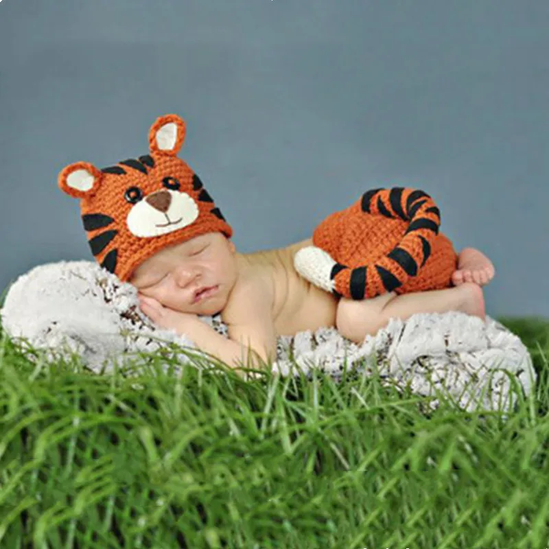 new baby souvenirs	 2Pcs/Set Crochet Knit Cartoon Tiger Hat Long Tail Pants Outfits Baby Photo Costume Clothes Newborn Photography Prop infant photography near me