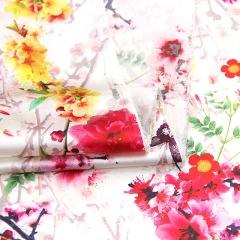 

Flower Butterfly Print Real Silk Fabric Stretch Satin 93%Silk 7%Spandex Wide118cm 2020 New Fabrics