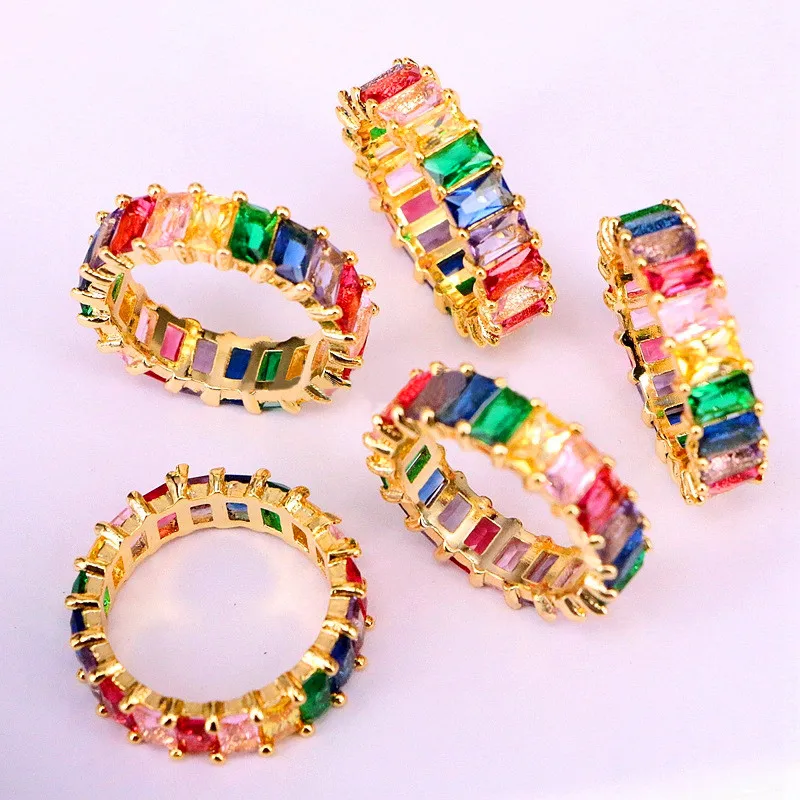 Luxury Female Square Rainbow Zircon Ring Charm Love Wedding Engagement Ring High Quality Silver Gold Finger Rings For Women