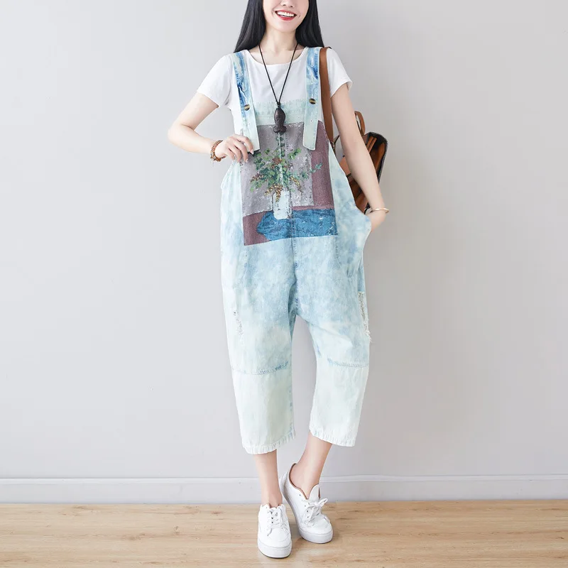 Johnature Retro Patchwork Print Pockets Calf-length Jumpsuits 2021 Summer New Loose Leisure All-match Women Jeans |