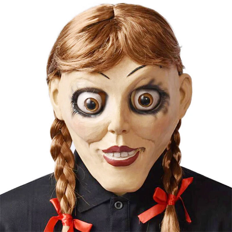 

Annabelle Comes Home Halloween Party Cosplay Mask Latex Scary Creepy Doll Full Head Hair Adult Halloween Costumes Prop