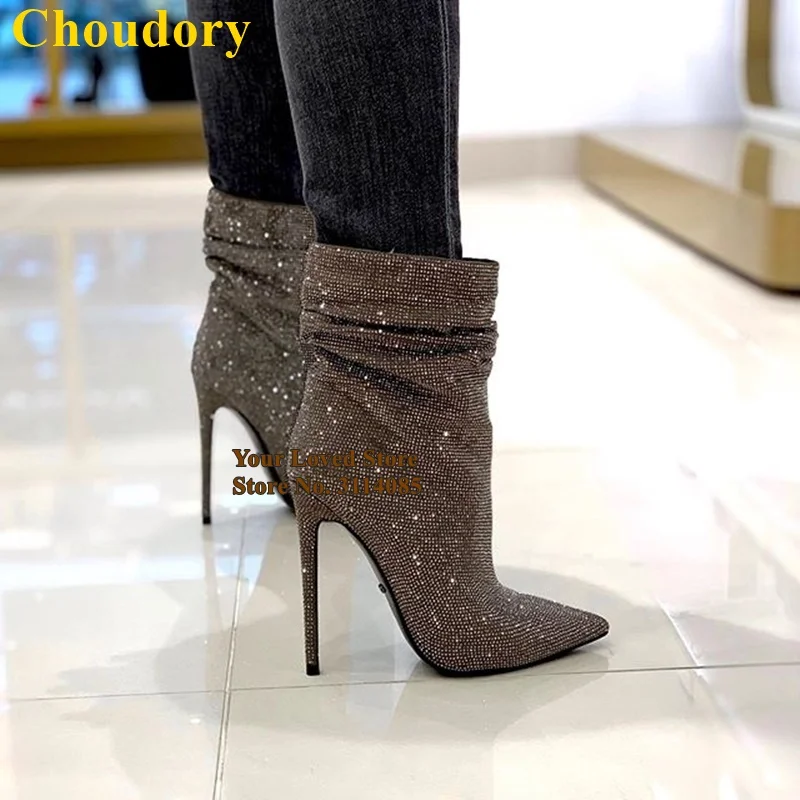 黑色水钻褶皱细高跟尖头短靴 - 副本 (2)