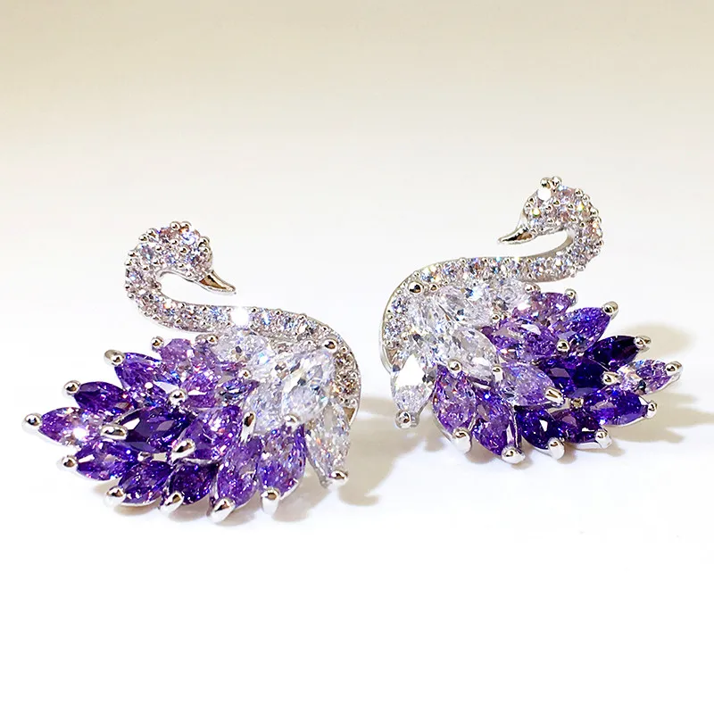 

Luxury Female Crystal Swan Stud Earrings Cute 925 Silver Yellow Purple Stone Earrings Boho Double Zircon Earrings For Women