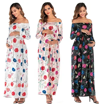

2019 Brand New Women's Autumn and Winter Shoulderless Flower Print Long Sleeve Pregnant Women Long Dress Maternity Dresses