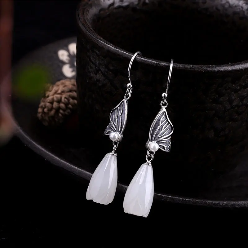 Uglyless Vintage Thai Silver Butterfly Earrings for Women Natural Jade Magnolia Dangle Earrings 925 Silver Pearls Brincos E1476