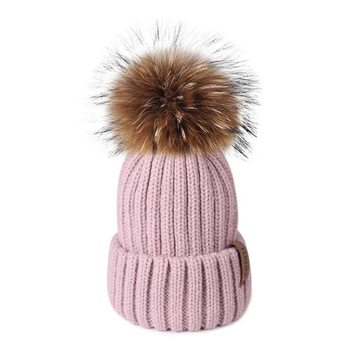 Furtalk Реального Меховая Шапка Вязаная Реальный Большой Енота Pom Pom Hat женщины Зимняя Шапка Унисекс ДетиТеплый Коренастый Толстая Эластичный вязать - Цвет: Розовый