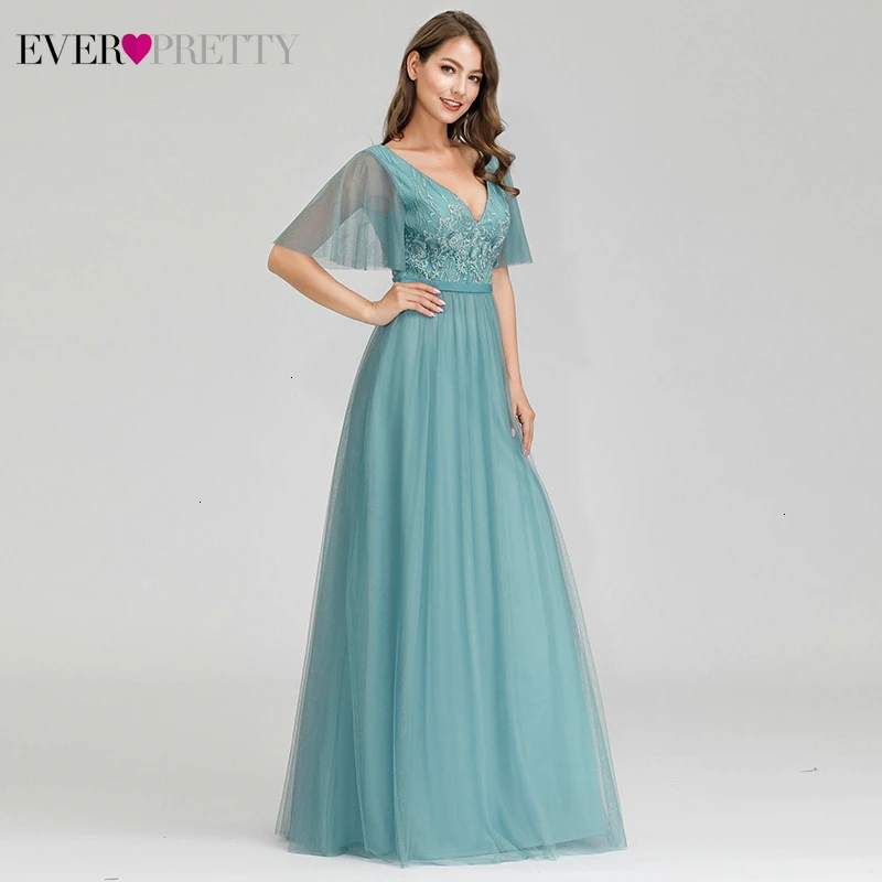 Illusion Blue Evening Dresses Ever Pretty A-Line Double V-Neck Ruffles Sleeve Appliques Tulle Elegant Long Party Gowns Vestido