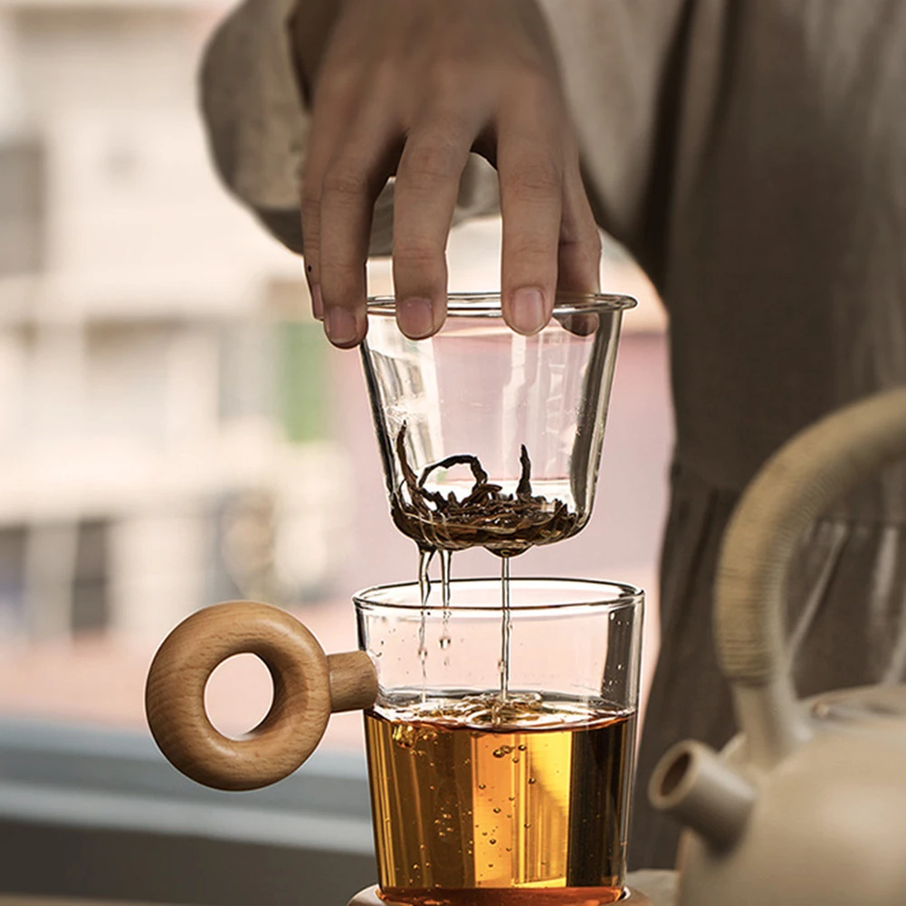 Утолщенная стеклянная чашка для заварки чая, высокая боросиликатная термостойкая стеклянная Цветочная чайная чашка с твердой деревянной ручкой