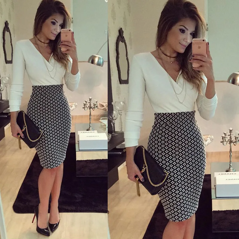 

New Style Long Sleeve Joint Business V-neck WOMEN'S Dress Europe And America Fashion Joint Slim Fit Sheath Pencil Skirt Dress