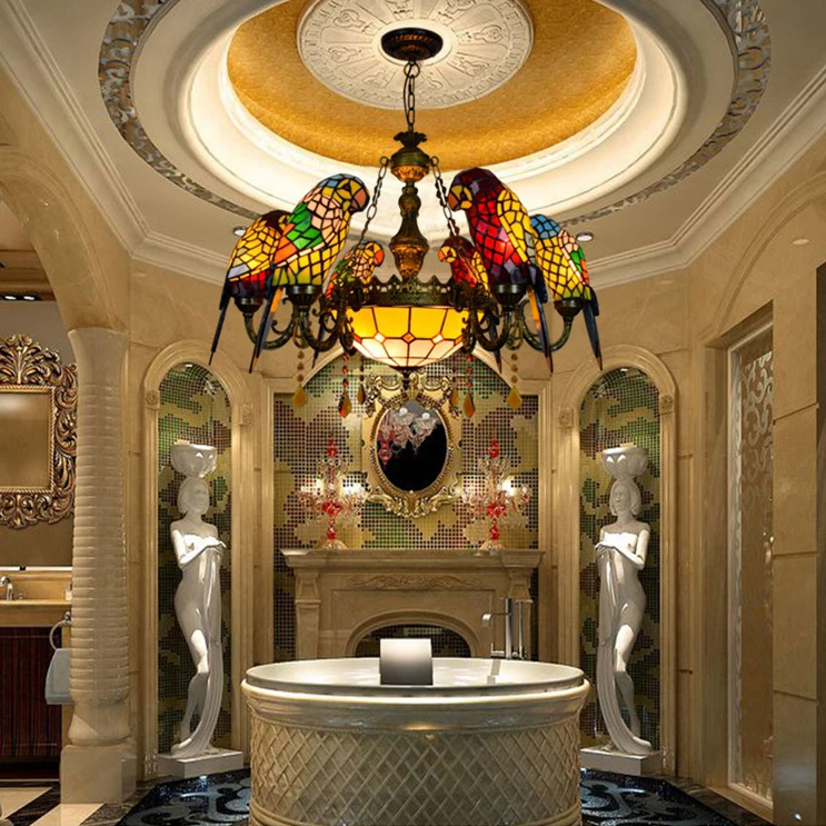 Art Deco Tiffany Parrot Designer Lustre Chandelier Lighting Suspension Luminaire Lampen For Dinning Room