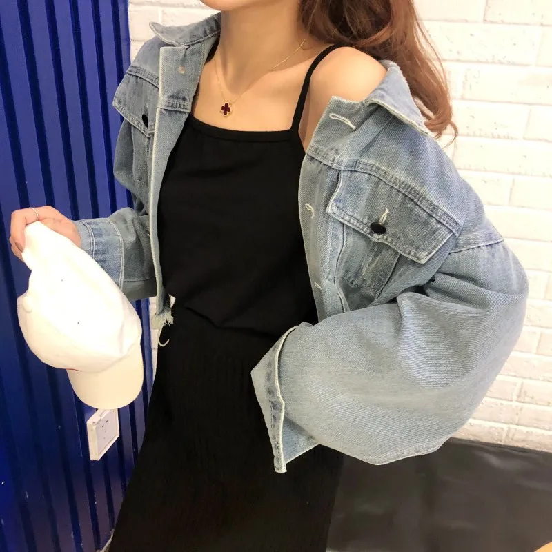 

Photo Shoot Hong Kong Style CHIC Vintage Jeans Coat Women's Loose-Fit with Holes Smell GIRL'S Short Cowboy Clothing