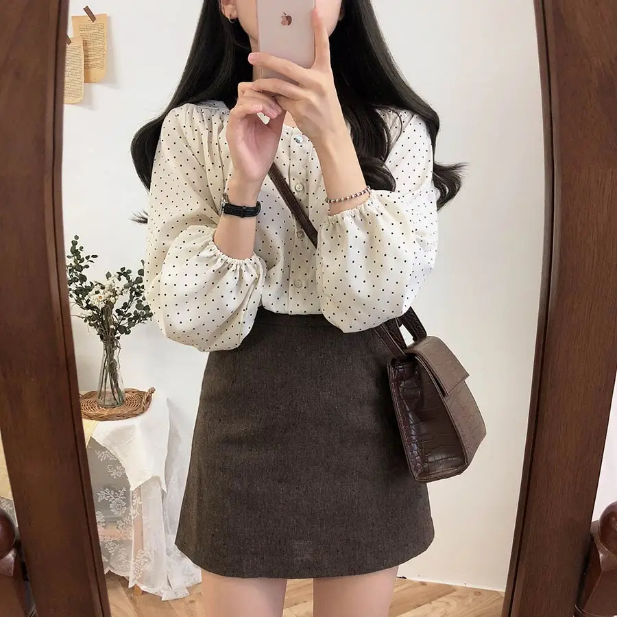 S XL, Новая Винтажная рубашка в горошек, женские топы, женские блузки с длинными рукавами для девочек, большие размеры, осенние женские блузки, femme Blusas