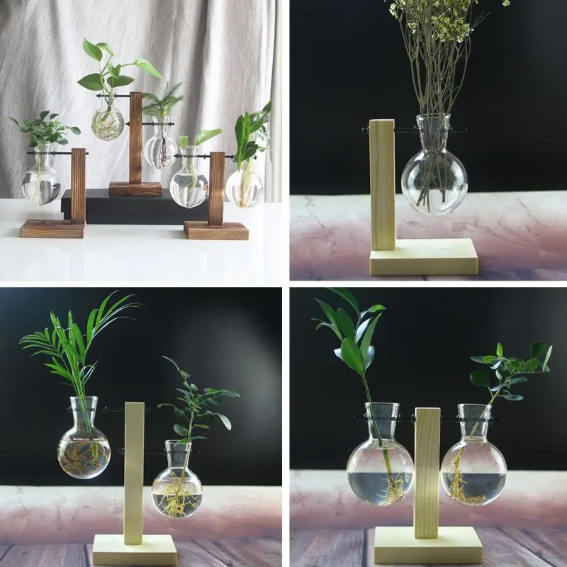 

Wooden Frame Glass Vase Hydroponic Plant Vase Vintage Flower Pot Table Bonsai Desktop Flower Vase Home Decoration