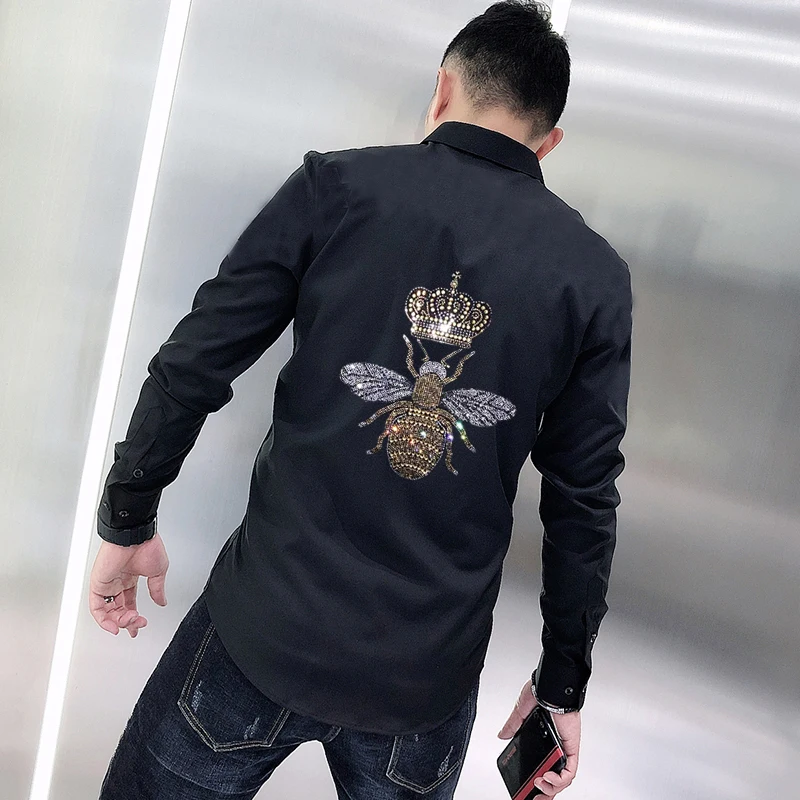 Spring Slim Men's T-Shirt Button Lapel Design Popular Rhinestone Bee Style New Long-Sleeved Business Overalls
