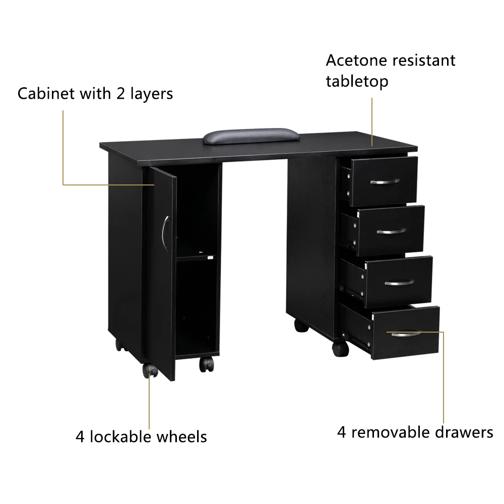 Table de Manucure Professionnelle avec 5 Tiroirs Amovibles 6 Roues