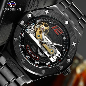 

Forsining Golden Bridge Men Automatic Watches Transparent Gear Hollow Mechanical Black Steel Strap Clock Relogio Masculino Gifts