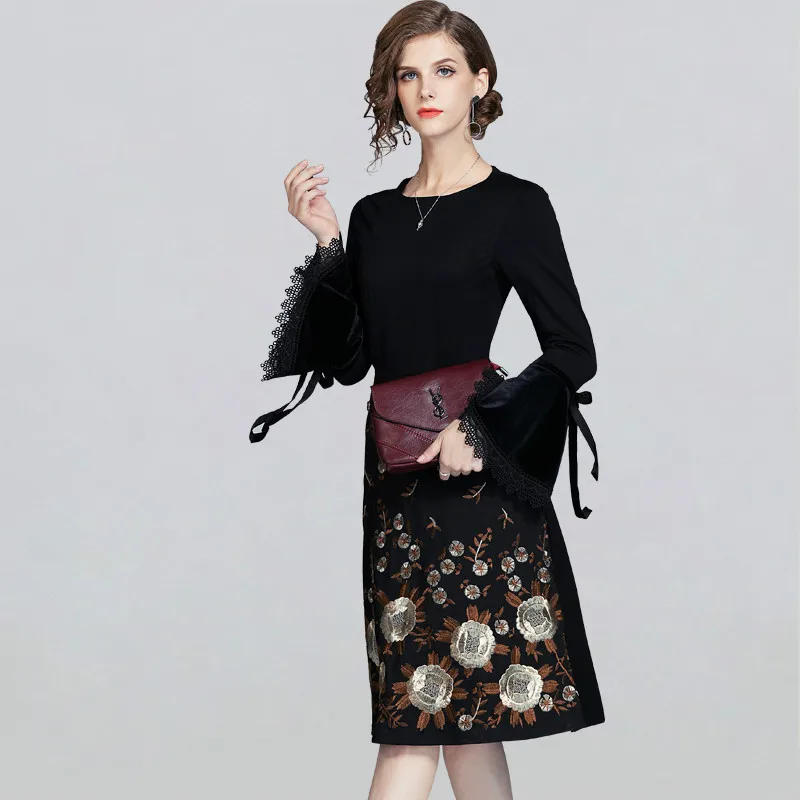 

2020 Spring Embroidered Vintage Dress Big Swing A-line Elegant Slim Ladies Vestido Women Casual Evening Party Dresse
