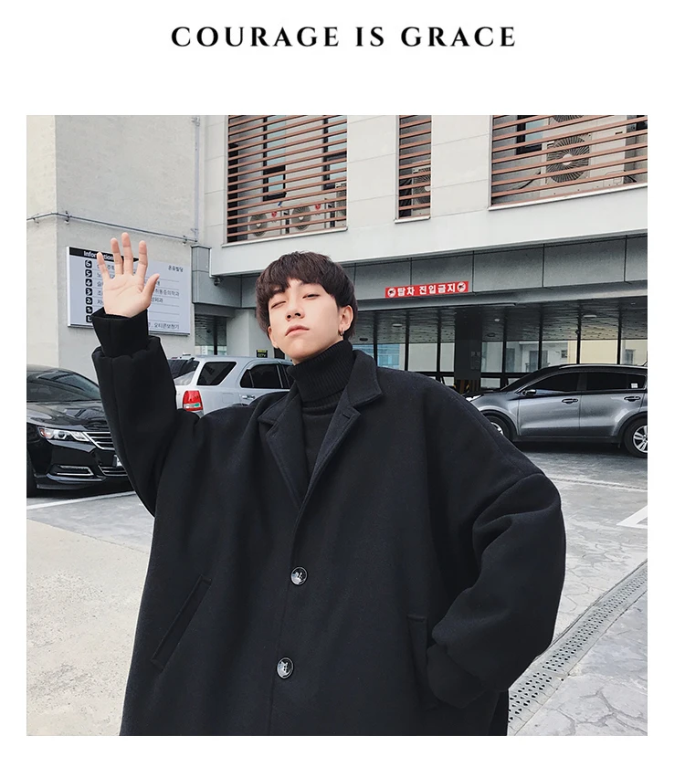 Зимняя свободная дикая Корейская версия трендового пальто ветровка мужское длинное шерстяное пальто серый/черный/хаки S-3XL
