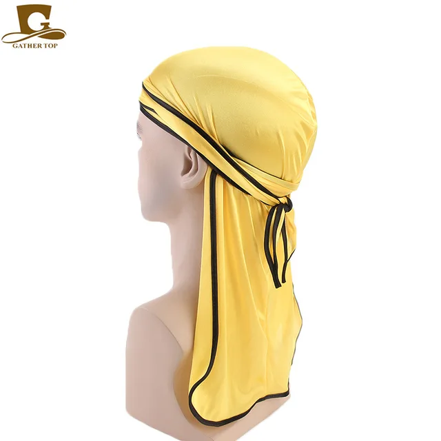 Men's Silky Durags Bandanas Turban hat Wigs Doo Men Satin Durag Biker Headwear Headband Hair Accessories Extra Long Tail Du-Rag Adult  yellow