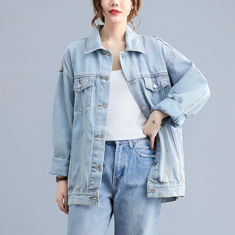 

Женская джинсовая куртка с длинным рукавом, Повседневная Свободная синяя джинсовая куртка в винтажном стиле, верхняя одежда большого размера для весны, 2024