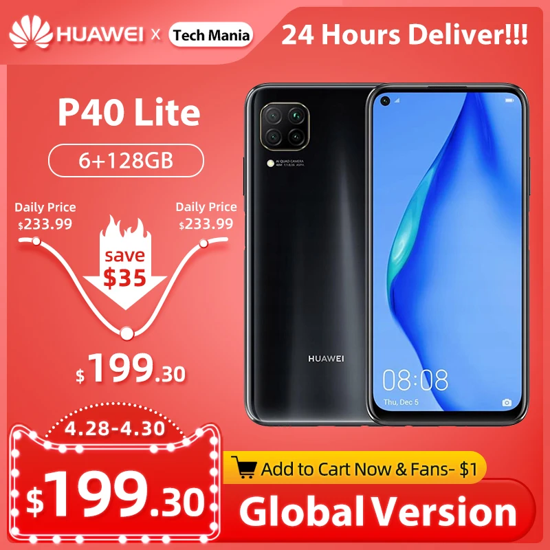 HUAWEI-teléfono inteligente P40 Lite, versión Global, 6GB, 128GB, cámara de 48MP, pantalla FHD de 6,4 pulgadas, Kirin 810, Octa Core, 40W, carga rápida