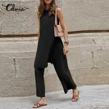 

2022 Celmia Elegant Women Asymmetrical 2pcs Sets New Fashion Sleeveless Side Slit Long Tops Folding Wide Leg Trouser Pant Set