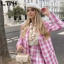 LTPH – ensemble deux pièces vintage à carreaux rose pour femme, Blazer mi long, décontracté, taille haute, jupe plissée, nouvelle collection automne 2021 