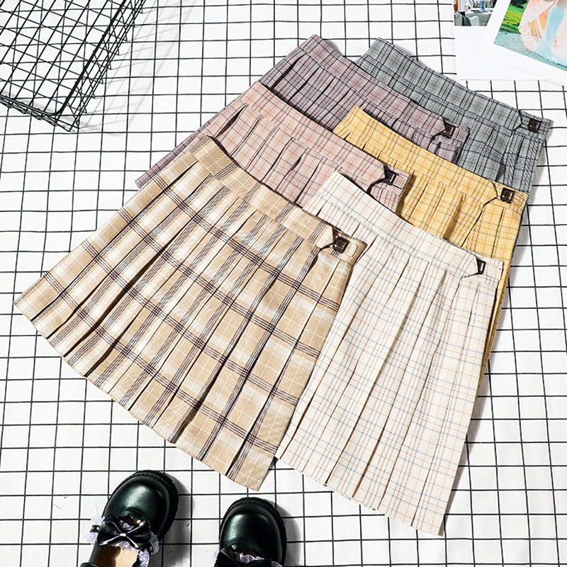 JK форменная плиссированная юбка осенние женские юбки для колледжа хлопковая Свободная юбка на пуговицах Harajuku клетчатые юбки для женщин