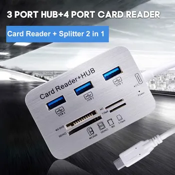 

2 In 1 3.0 External Card Reader Practical Portable High Speed Type C Splitter Adapter USB Hub 3 Ports 4 Slots Home Office