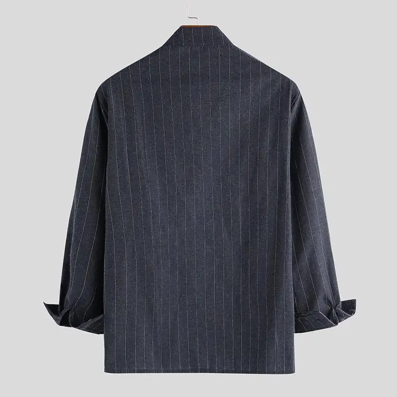 INCERUN, мужская рубашка в полоску, хлопок, лен, повседневная, брендовая, на пуговицах, с длинным рукавом,, рубашки со стоячим воротником, китайская, винтажная, Camisa Masculina