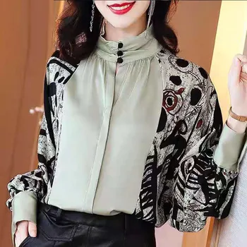 

Spring Fall Vintage Womens Stand Collar Lantern Long Sleeve Floral Printed Blouse Top Shirt , Woman Imitation Silk Loose Blouses