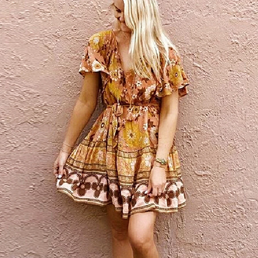 TEELYNN boho мини платья для женщин хлопок золотой цветочный принт летние свободные