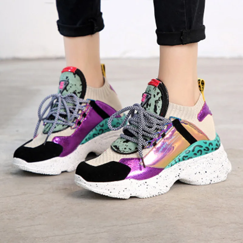 Purple Брендовые женские кроссовки; Размеры 35-42; светоотражающие туфли на плоской платформе; повседневные женские ботинки; Модные дышащие мягкие женские туфли на массивном каблуке - Цвет: Purple