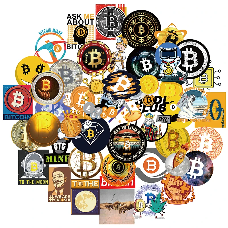 50 unids/set de dibujos animados Bitcoin encriptado moneda Virtual BTC pegatinas para casco chico Diy portátil mixto monopatín de equipaje