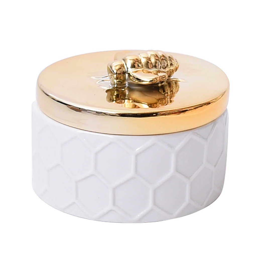 

Bee Honeycomb Embossed Ceramic Trinkets Box with Lid Bee Insect Showcase