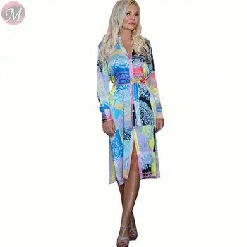 

Boutique Hot Sale Printed Long Sleeve Button Belt Belt Casual Fashion Lady Clothing Mid-length Hot Dress 2020