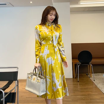 

COIGARSAM Fashion Print Women Long dress New Full Sleeve Bow Dresses Yellow 3298