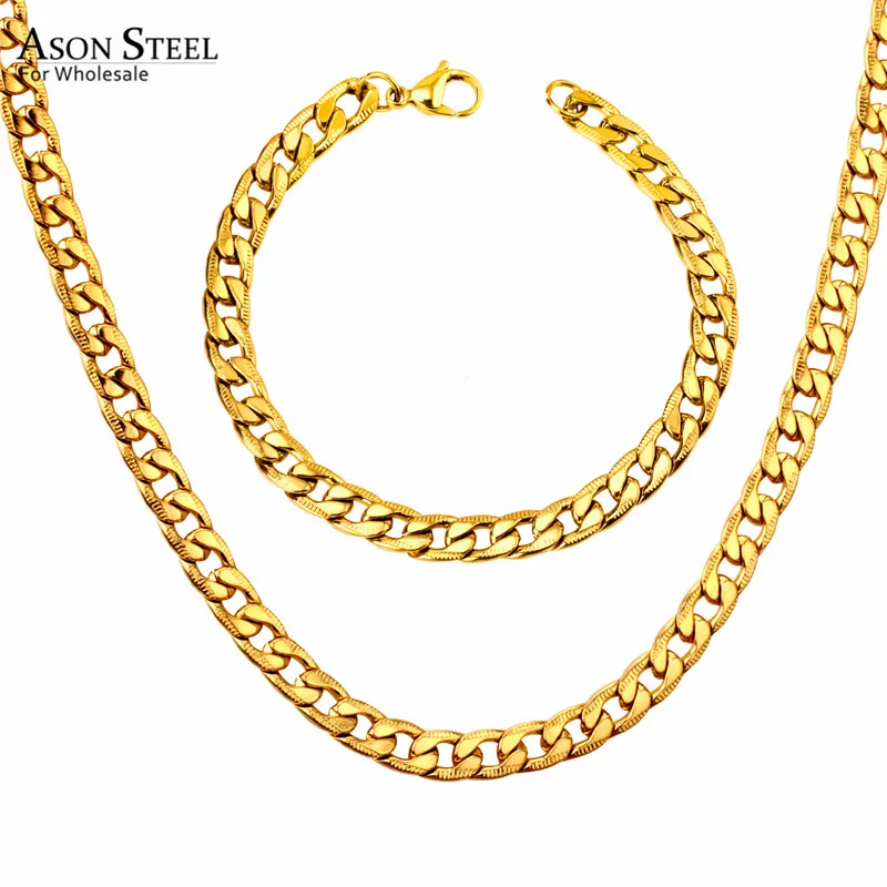 

ASONSTEEL Women/Men Necklace Set Three Colors Stainless Steel Necklace with Bracelet Set Cuban Chain for Diy Jewelry Making