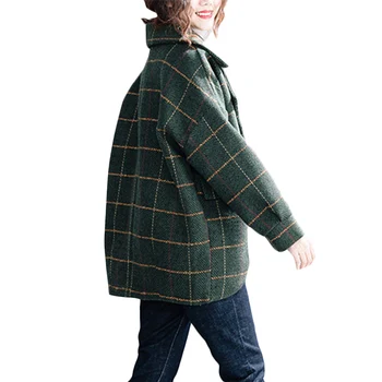 

Women Wool Plaid Long Coat Fashion Woollen Overcoat Loose Outwear Female Winter Loose Warm Wool Blends Elegant Parka 014
